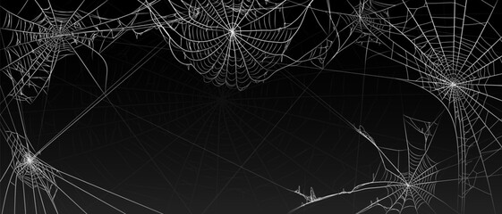 Halloween old spooky cobweb with various sizes and shapes background. Old spider web set vector illustration dark gothic decoration for holidays. Corner spider net insect thread cobweb scary frames.