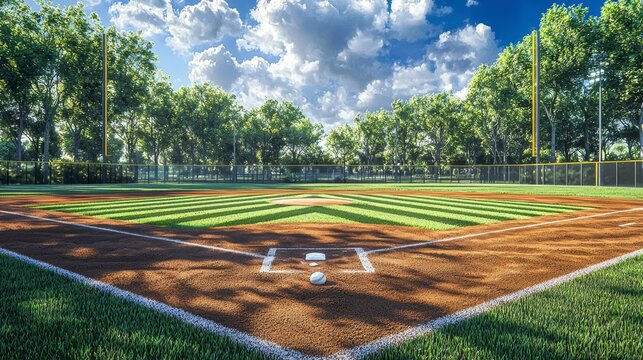 A close-up perspective of baseball field elements focusing on home plate and the mound. - Powered by Adobe