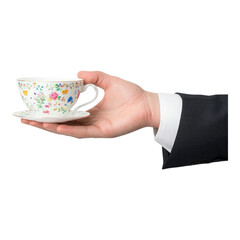 Elegant Hand Holding Isolated Floral Tea Cup on Transparent Background