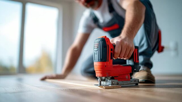 Man using electric jigsaw to cut wooden plank on floor, construction worker in overalls focused on home renovation, precise work with modern tool, DIY project in bright room