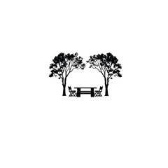 Silhouette of a picnic table with chairs surrounded by trees on white background
