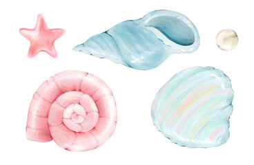 Seashells, starfish, and pearl watercolor clipart set. Hand-painted isolated pastel marine illustrations. Perfect for packaging, textiles, invitations, greeting cards, stickers, and branding projects