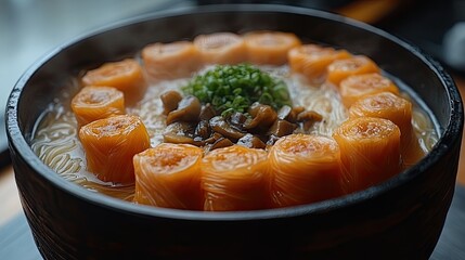 Steaming Asian Noodles in Wooden Bowl with Mushrooms and Rolls