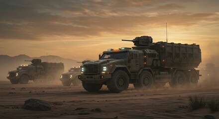 Fototapeta premium Military trucks moving in formation during golden hour