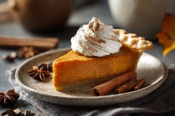 Realistic close-up of a slice of pumpkin pie on a ceramic plate with whipped cream, cinnamon sticks and cloves scattered nearby, cozy fall setting