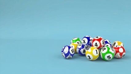 Colorful lottery balls scattered on a blue background. The balls display various numbers and colors, representing a lottery game concept.