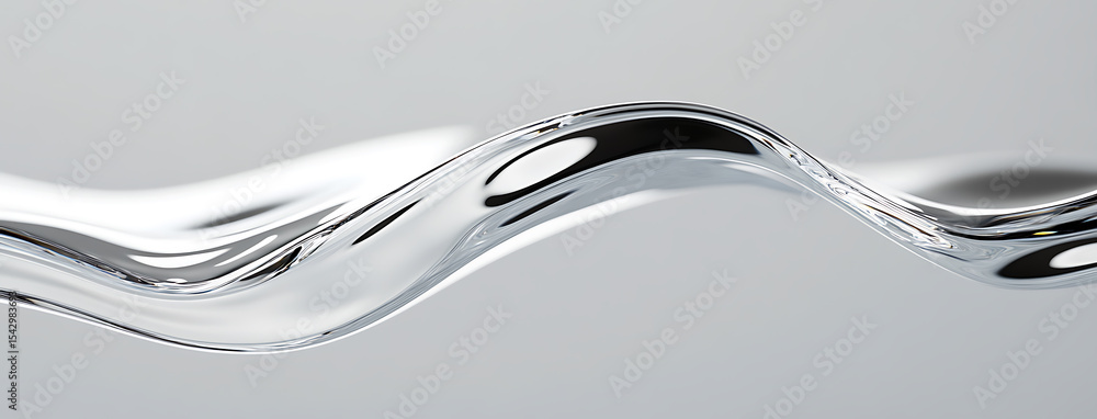 Poster abstract liquid form: a fluid, silver-colored shape gracefully flows against a muted backdrop, creat