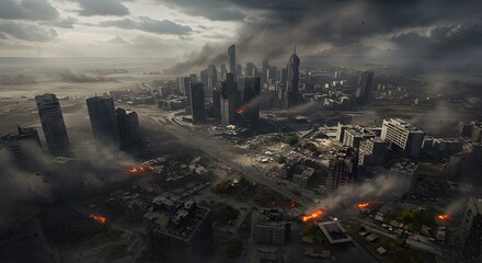 Aerial view of destroyed modern city skyline under thick war smoke