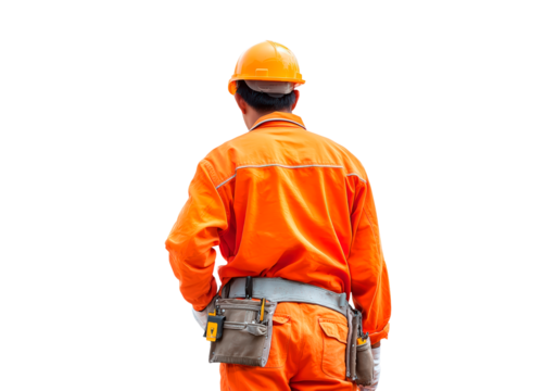 Back view of construction worker in orange uniform and hard hat with tool belt on transparent background, PNG