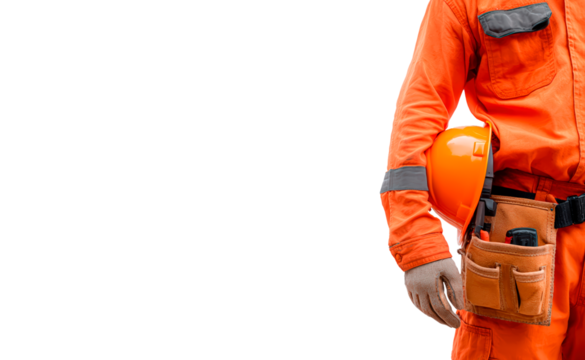Construction worker with safety orange gear and helmet for industrial safety awareness on transparent background, PNG