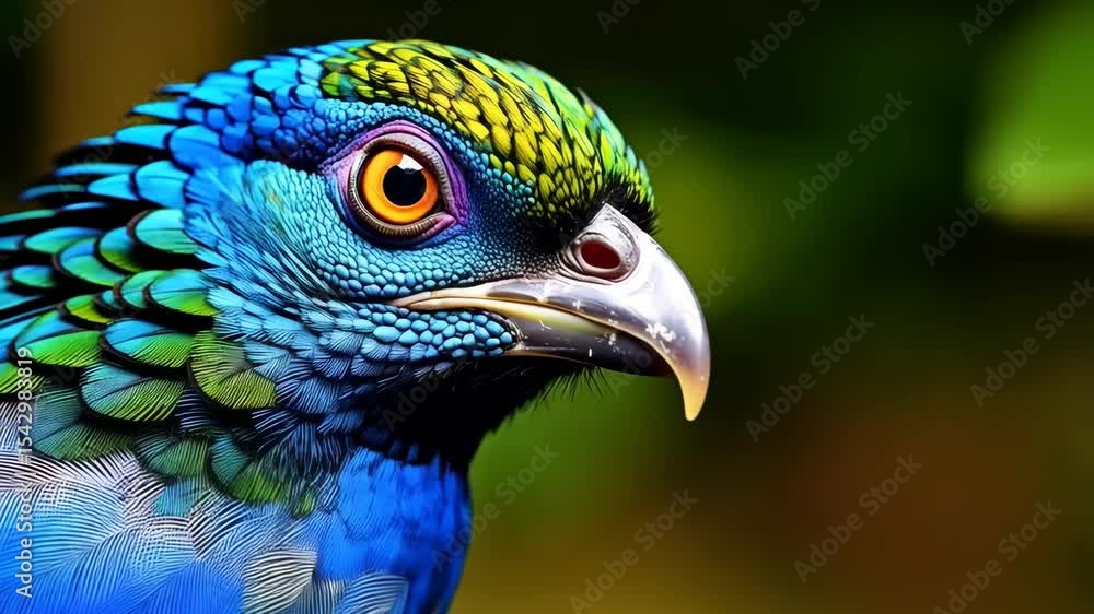 Poster close-up portrait of a colorful bird with iridescent feathers, detailed texture, sharp beak, and an 