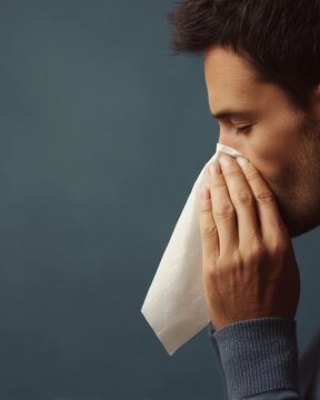 Man exaggeratedly blowing nose into tissue symptoms of runny nose indoor setting close-up view health awareness