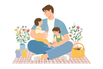 Father Enjoying a Picnic With Kids on a Sunny Day Surrounded by Flowers and a Basket in a Flat Vector Style