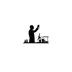 Silhouette of a scientist examining a test tube in a lab on white background