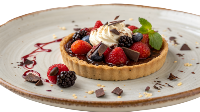 Delicious fruit tart with berries chocolate and cream dessert photography food styling gourmet sweet treat isolated on transparent background