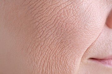 Fototapeta premium This Macro Shot Effectively Captures the Intricate Details of Uneven Facial Skin Texture, Emphasizing How Both Age and Environmental Factors Have Influenced the Condition of the Skin