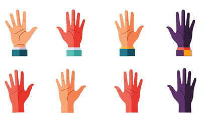 Obraz premium Open Hands with Varied Skin Tones, flat design vector icons displaying open hands with splayed fingers, featuring diverse skin tones and some with colored cuffs,