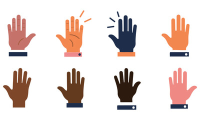 Diverse Hands with Communication and Emphasis Gestures,  flat design vector icons displaying various hands with open palms and splayed fingers, featuring diverse skin tones