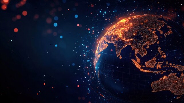 A digital globe highlighting Asia with glowing orange data points against a dark, futuristic background filled with scattered light particles.
