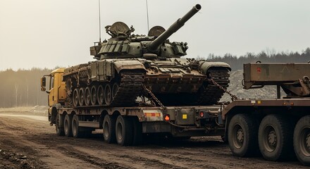 Fototapeta premium Armored battle tank secured on desert road trailer for convoy movement