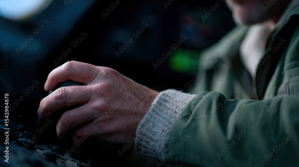 Poster close up view of hand gripping joystick control, showcasing intricate details of fingers and texture