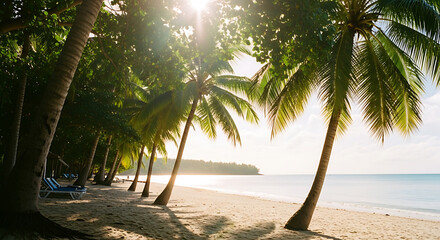 Idyllic Tropical Beach with Palm Trees, White Sand, and Sun Flare