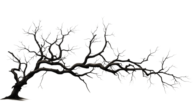 A bare tree with dark branches and no leaves against a black background