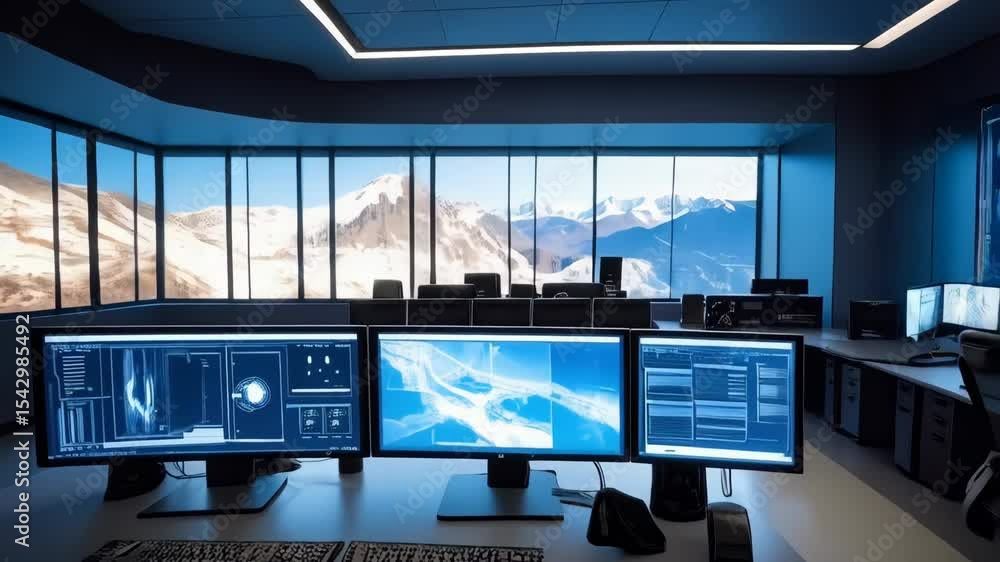 Aufkleber futuristic control room with multiple screens displaying maps, charts, data, mountains view, compute
