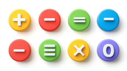 mathematical signs in three dimensions. divide, multiply, equal, plus, and minus. Calculator buttons are circular. Isolated vector drawing on a white backdrop. 
