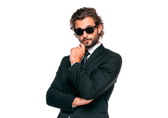 Stylish confident man in black suit and sunglasses on transparent background, PNG