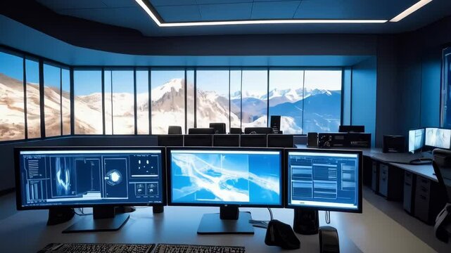 Futuristic control room with multiple screens displaying maps, charts, data, mountains view, computer workstations and advanced technologies.