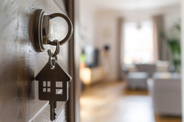 House key on door with house-shaped keychain in a modern home