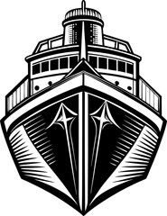 A stern of a ship with detailed, sharp outlines with white background.