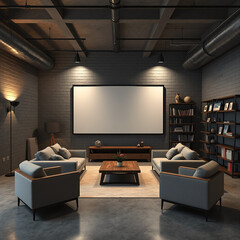 mockup of empty frame in urban loft style modern entertainment zone with painted cinderblock wall ambient lighting stylish 3d render perfect for print on demand projects versatile home decor showcase
