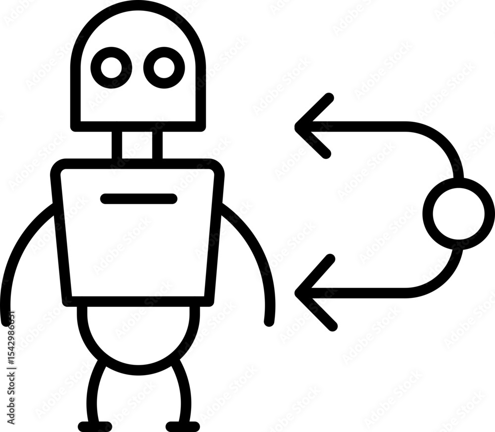 Poster simple line drawing of robot with mechanical arm and abstract arrow symbol, representing technology,