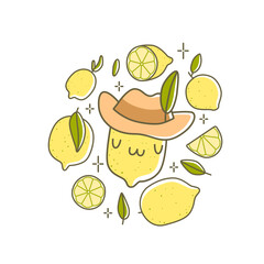 Cartoon lemon character with cowboy hat vector illustration. Cute western citrus fruit and lemon slices.