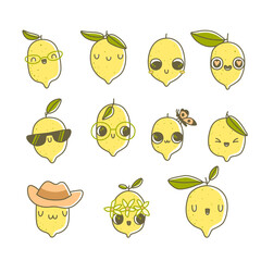 Collection of cartoon lemon characters. Set of cute citrus fruits with faces, kawaii vector illustration.