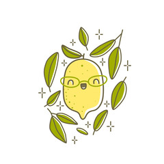 Cute Lemon Character with leaves. Adorable vector illustration with happy citrus fruit. 
