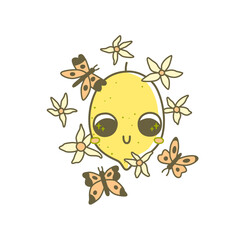 Kawaii Lemon character with big eyes, surrounded with flowers and butterflies. Cute cartoon vector illustration with citrus fruit.