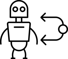 Simple line drawing of robot with mechanical arm and abstract arrow symbol, representing technology, innovation, and artificial intelligence concepts