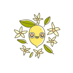 Cartoon lemon character with cute eyes and smile.  Adorable citrus fruit, leaves and flowers vector illustration.
