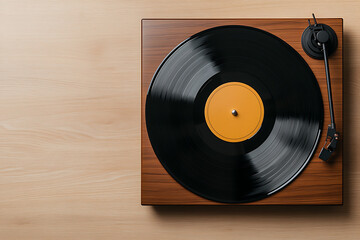 Top-down view of a turntable with a vinyl record, showcasing musical nostalgia. The device is set against a light wooden background.