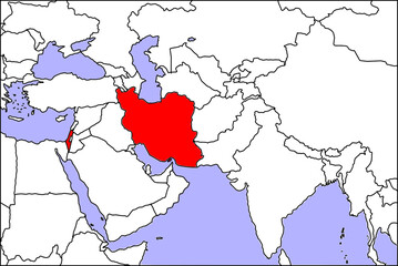 map of iran and israel, map of the middle east highlighting iran and israel in red