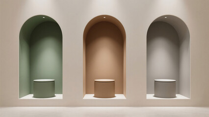 Three arched niches with cylindrical pedestals in green beige and gray against a white wall