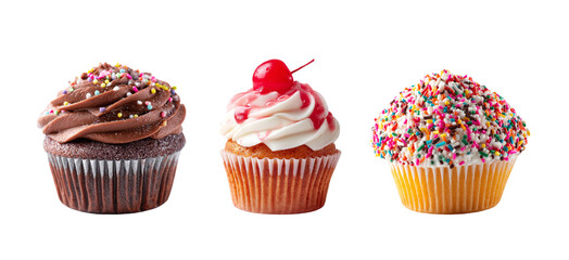 Set of various flavor cupcakes with chocolate, whipped cream berry sauce and sugar sprinkles vanilla cupcake, for dessert on transparent background.