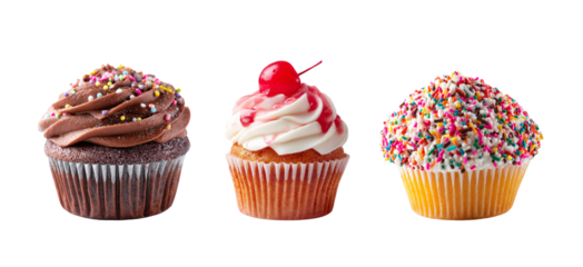 Set of various flavor cupcakes with chocolate, whipped cream berry sauce and sugar sprinkles vanilla cupcake, for dessert on transparent background.