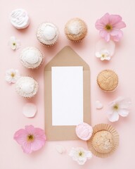 Elegant card invitations for wedding or birthday celebrations with cupcakes and flowers in a soft pink background