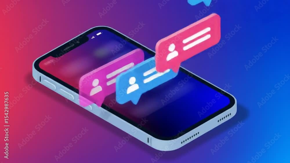 Poster isometric smartphones with floating social media notifications icons on colorful gradient background