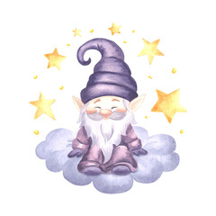 Cute gnome sitting on fluffy cloud with stars watercolor illustration isolated. Hand drawn elf from fairy dreams for baby design. Magic dwarf smiling character in sketch style for childrens products.