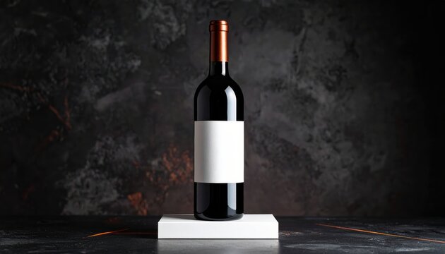 A wine bottle with a blank label stands on a white block against a dark, textured background, creating a minimalist and elegant presentation